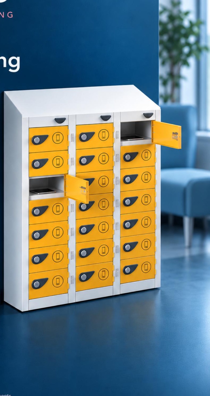 Yellow and white ALC charging locker in a care environment